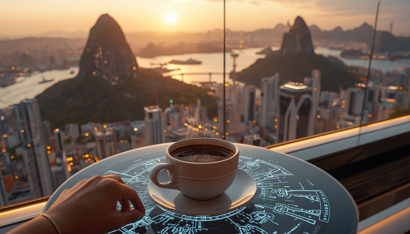 lucid-origin_Cinematic_close-up_of_a_steaming_cup_of_coffee_on_a_sleek_holographic_table_a_pe-0